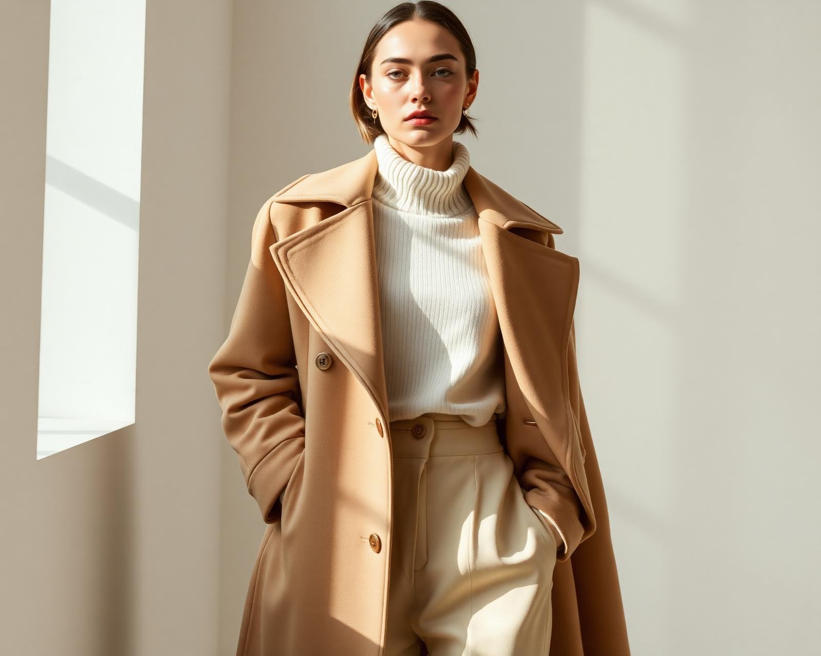 Model wearing Maison Ora camel coat and cream knit